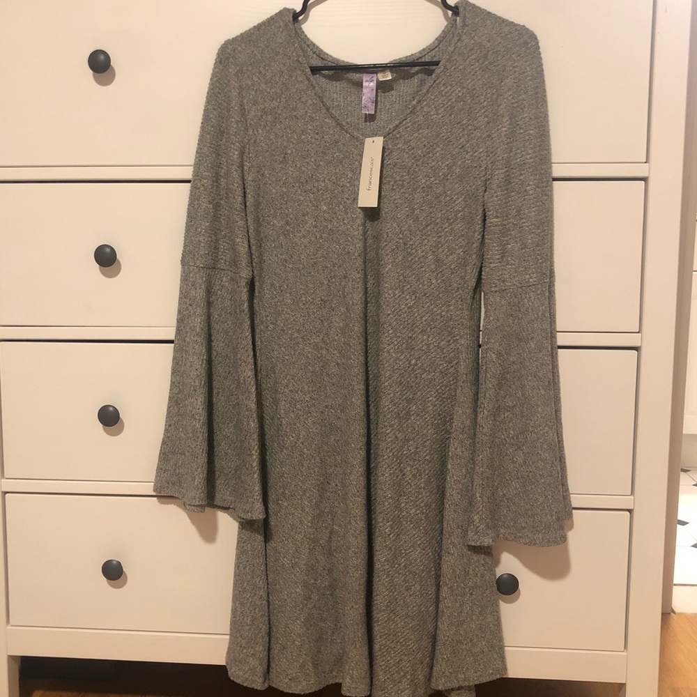 Cozy gray sweater dress with bell sleeves